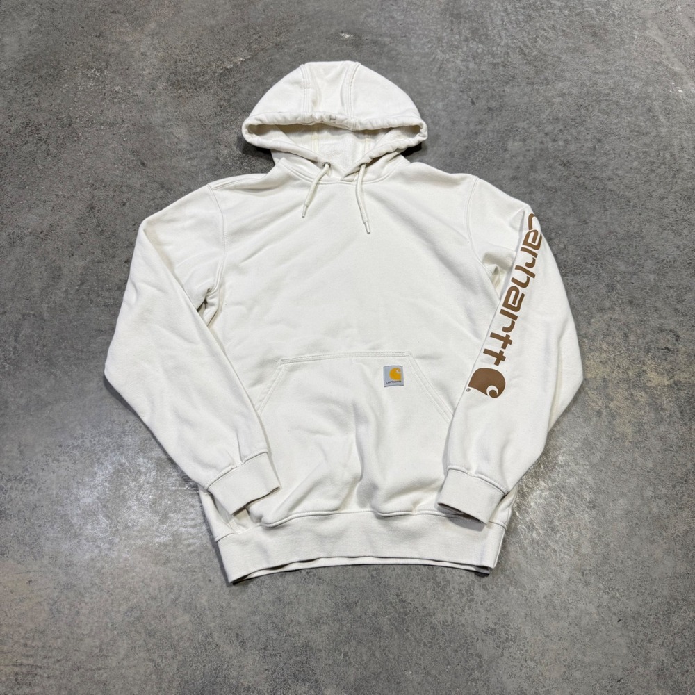 Carhartt Hoodie Women Small Cream Sleeve Logo Loose Fit Pullover Graphic